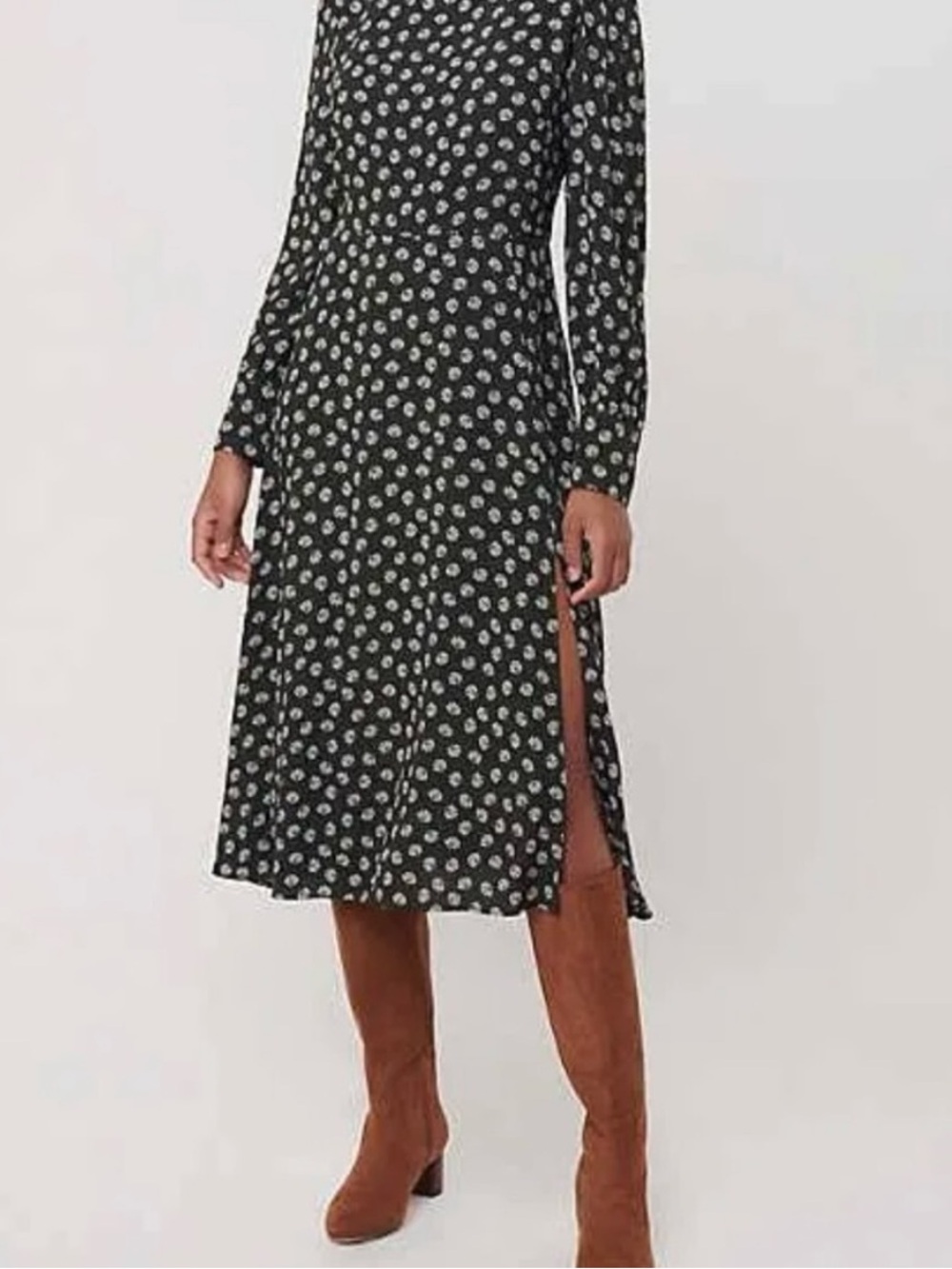LOFT Black Long-Sleeve Midi Dress with White Floral Print